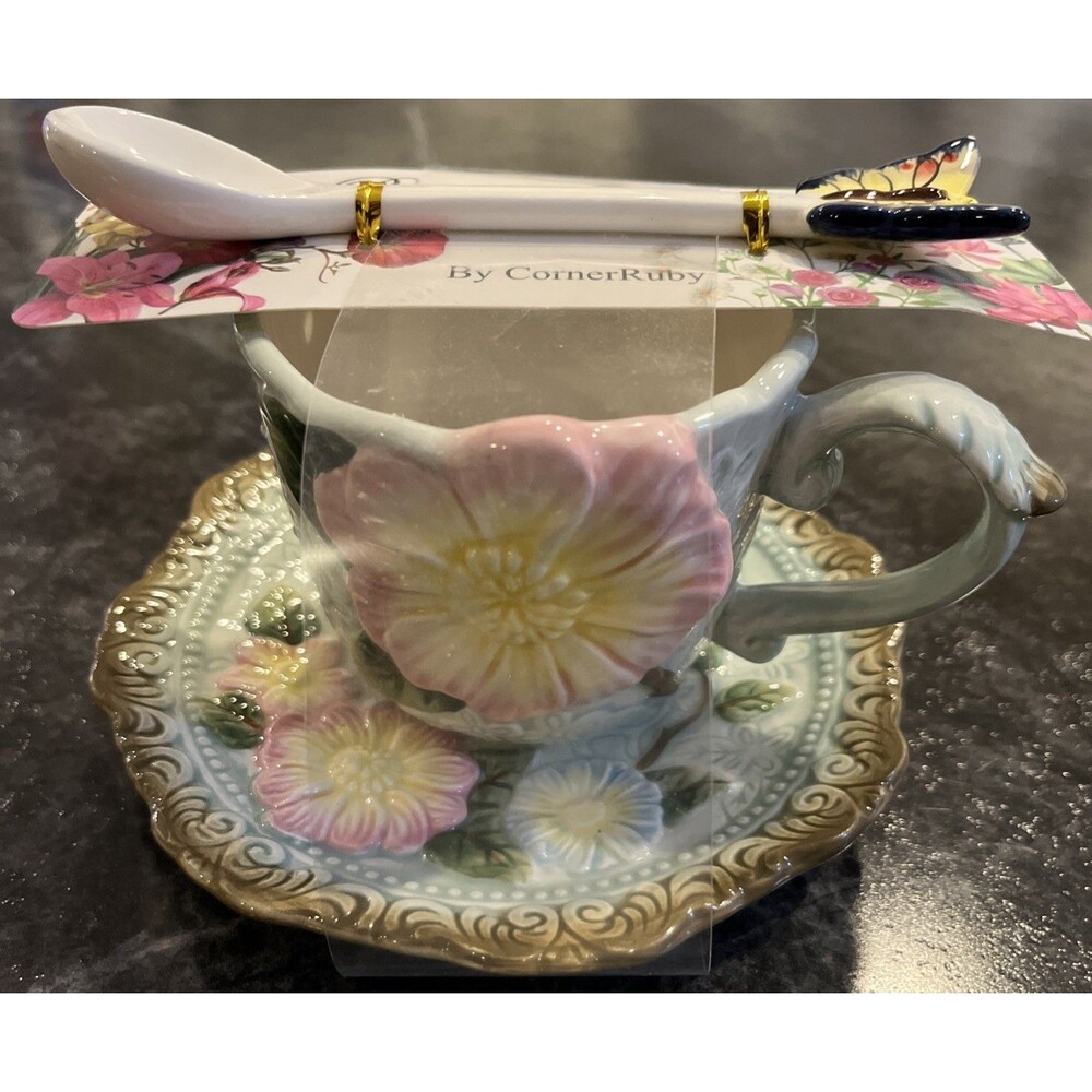 CornerRuby Botanical Collection Mint &Pink Flower Mug & Saucer Set with spoon